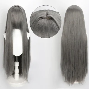 Peruca Cosplay Cinza Escuro Wig 80cm Longa e Lisa com franja
