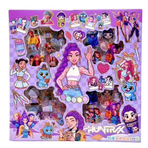 Caixa de adesivos do trio HUNTR/X de Guerreiras do K-Pop com personagens ilustradas
