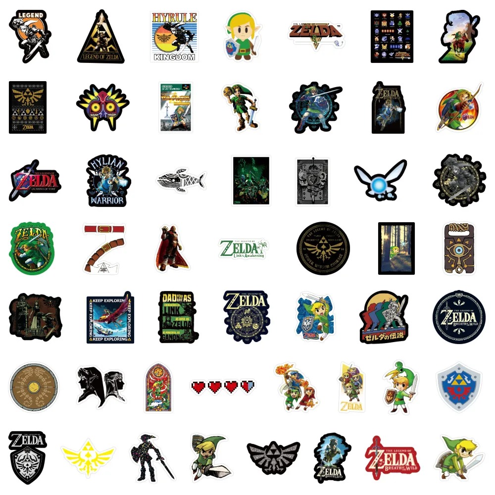 Cartela com 50 adesivos de The Legend of Zelda, com Link, Triforce, Olho Sheikah e logos da série