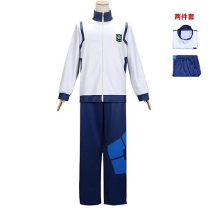 Conjunto de agasalho de Blue Lock com jaqueta branca de zíper e calça azul-marinho, de frente, ao lado das peças