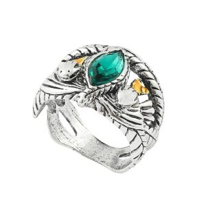 Anel de Barahir do Aragorn, de O Senhor dos Anéis, com pedra verde e detalhes de folhas prateadas