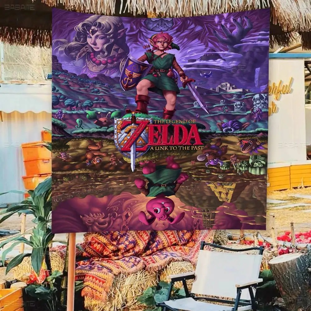 Bandeira roxa de A Link to the Past, de Zelda, pendurada em uma área de convivência ao ar livre