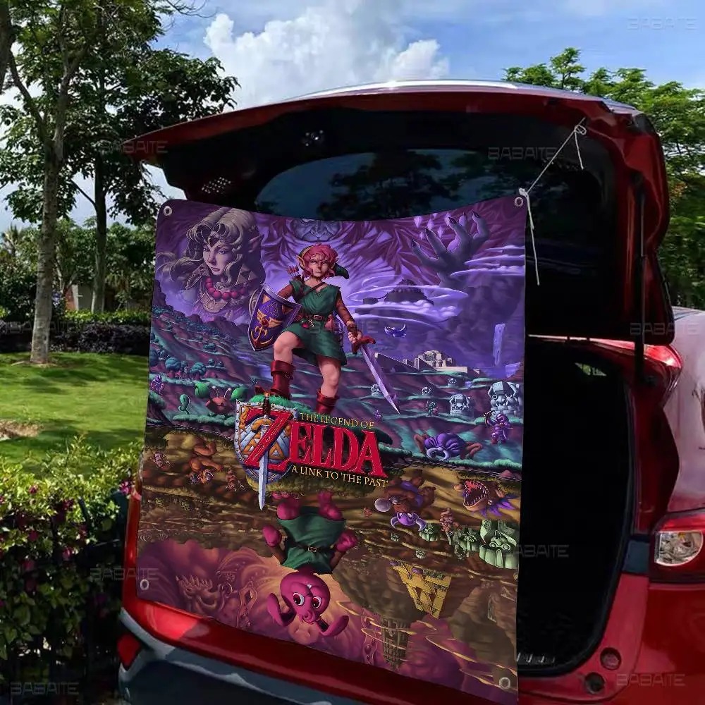 Bandeira de Zelda com o Link e o logo de A Link to the Past no porta-malas de um carro