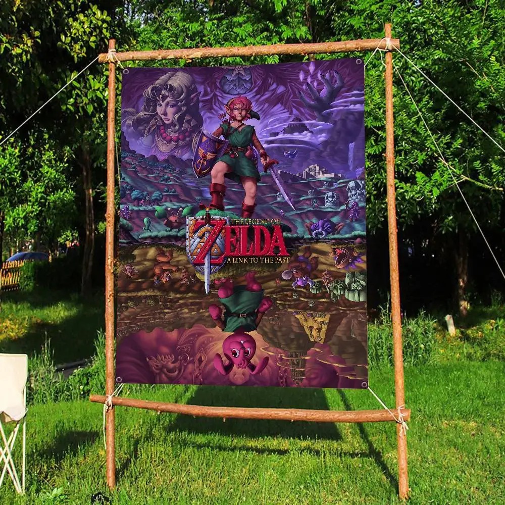Bandeira de A Link to the Past presa em estrutura de bambu ao ar livre