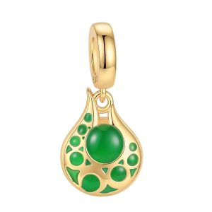 Berloque dourado em formato de gota com esmalte verde, inspirado no Recipiente de Stamina de The Legend of Zelda