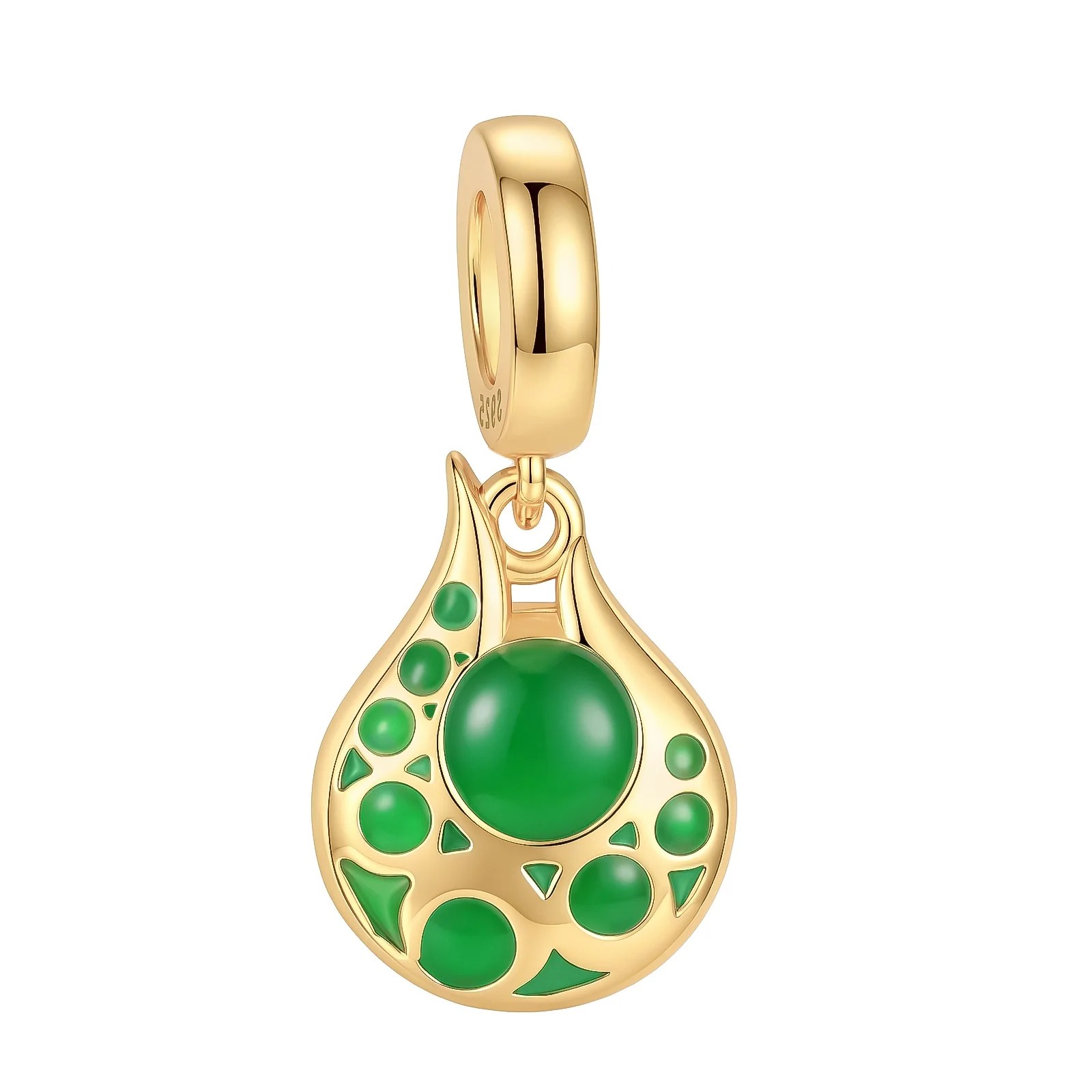 Berloque dourado em formato de gota com esmalte verde, inspirado no Recipiente de Stamina de The Legend of Zelda