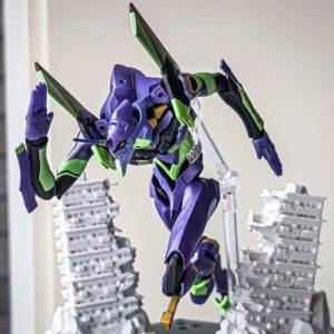 Evangelion Unidade 01 montado com blocos, em pose de ataque sobre prédios, de Neon Genesis Evangelion