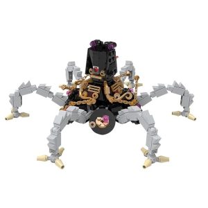 Guardian de Breath of the Wild montado com blocos, com corpo preto, engrenagens douradas e pernas cinzas