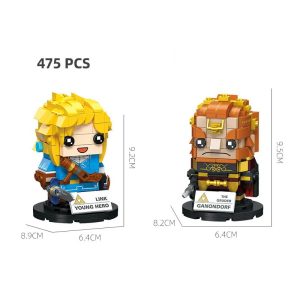 Link e Ganondorf de cabeça grande montados com blocos, cada um sobre sua base, The Legend of Zelda