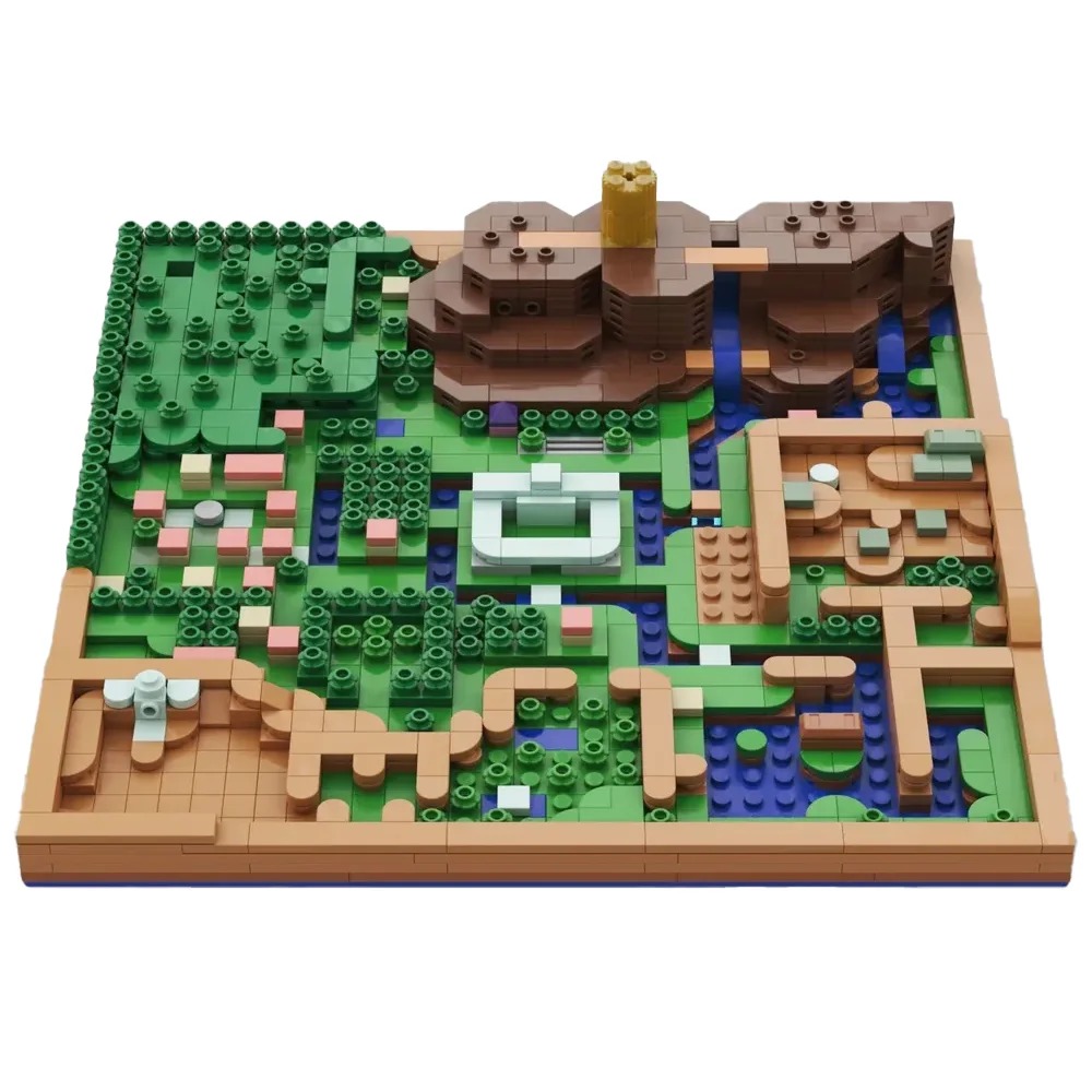 Mapa de Hyrule de A Link to the Past montado com blocos, com floresta, castelo e rio