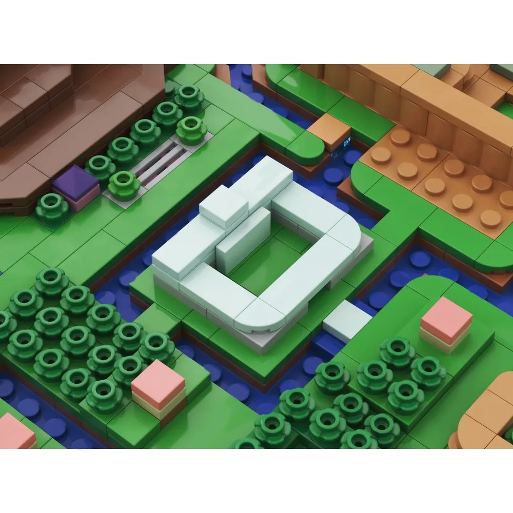 Detalhe do castelo e das árvores do mapa de Hyrule feito de blocos