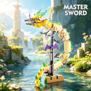 Escultura de blocos com a Espada Mestra e o dragão enrolado, de The Legend of Zelda, em cenário de rio