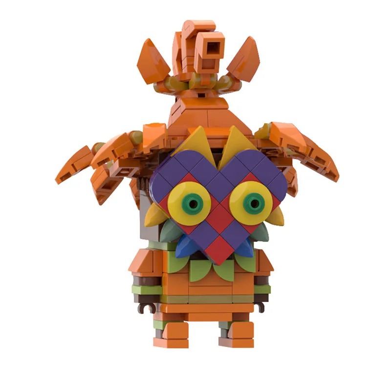 Skull Kid de The Legend of Zelda: Majora's Mask montado em blocos laranja, com a máscara roxa, em fundo branco