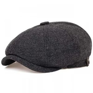 Boina newsboy cinza espinha de peixe estilo Peaky Blinders em fundo branco