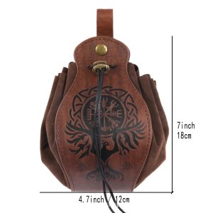 Bolsa de dados de RPG marrom com gravação nórdica de Vegvisir, cordão e alça, medindo 18 x 12 cm