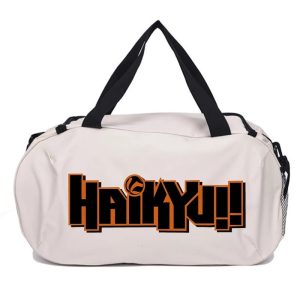 Bolsa esportiva bege com alças pretas e o logo de Haikyuu!! em preto e laranja na frente