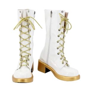 Par de botas brancas de cano alto com cadarço e solado dourados, de cosplay da Rumi de Guerreiras do K-Pop