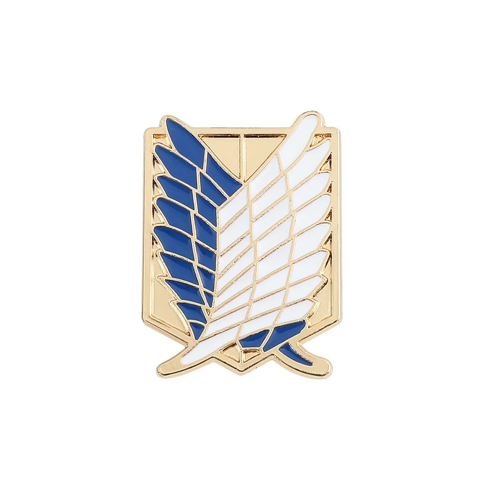 Broche esmaltado das Asas da Liberdade, de Attack on Titan, dourado com asas azuis e brancas