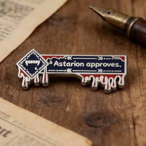 Pin esmaltado Astarion approves, de Baldur's Gate 3, com presas de vampiro e sangue escorrendo, sobre madeira