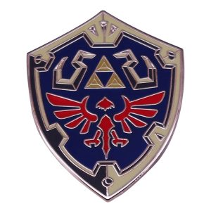 Broche esmaltado do Escudo Hylian de Zelda, azul com Triforce dourado e ave vermelha