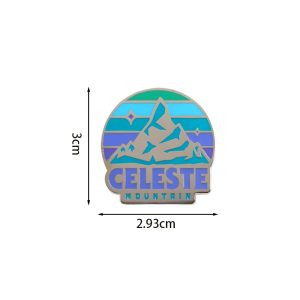 Pin da Montanha Celeste, do jogo Celeste, com medidas de 3 por 2,93 cm indicadas