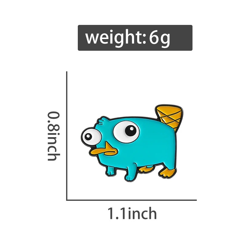 Pin do Perry, o Ornitorrinco, com medidas de 1,1 por 0,8 polegada e peso de 6 gramas