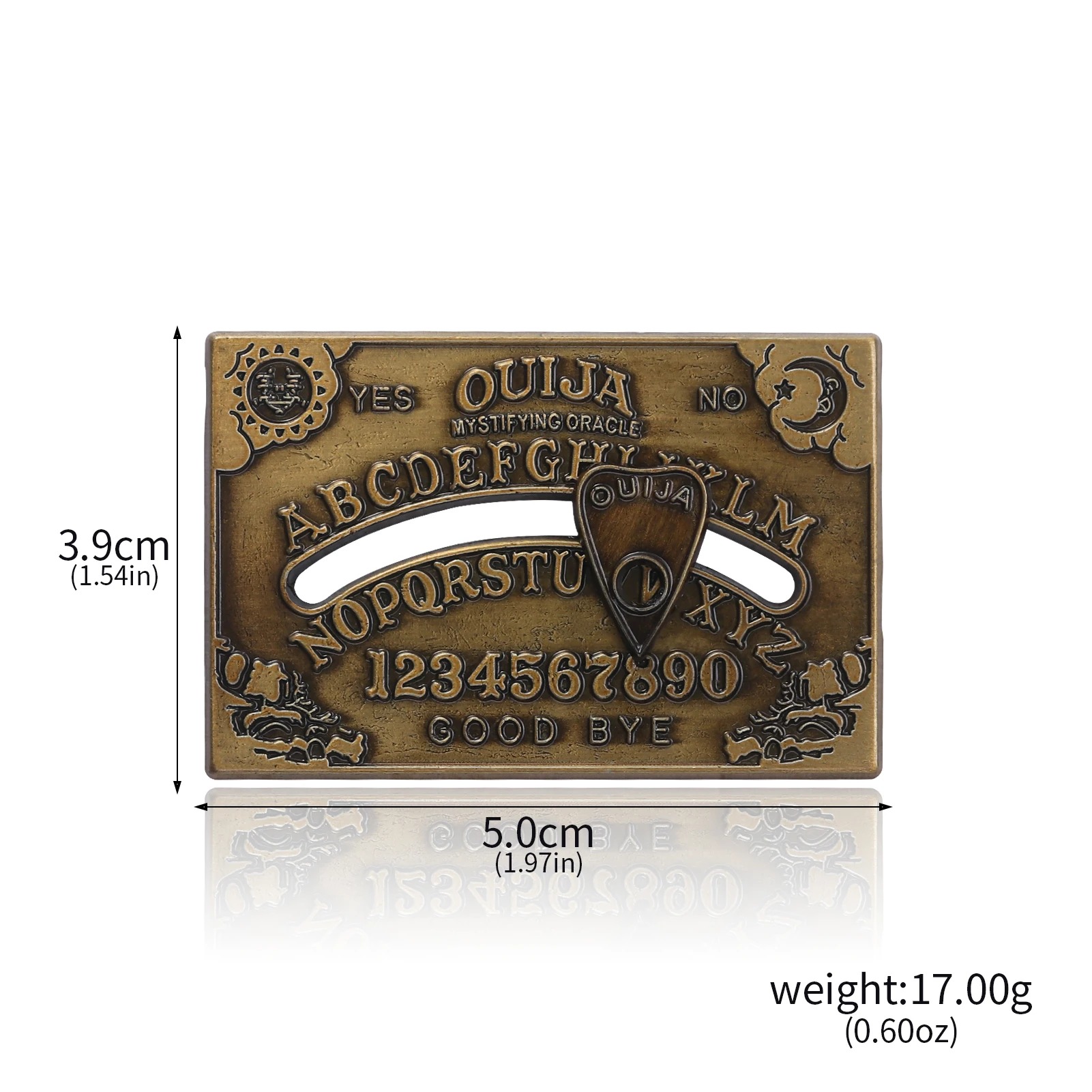 Broche Ouija bronze com medidas de 5,0 por 3,9 centímetros e peso de 17 gramas