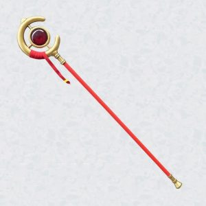 Cajado da Frieren, de Frieren e a Jornada para o Além, com argola dourada, orbe vermelho e haste vermelha
