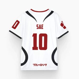 Costas da camisa branca de Blue Lock com o nome Sae e o número 10 em vermelho, estilo Japão U-20