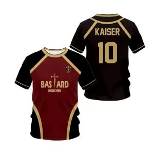 Camisa Bastard München do Michael Kaiser, de Blue Lock, vinho com mangas pretas e número 10 dourado nas costas