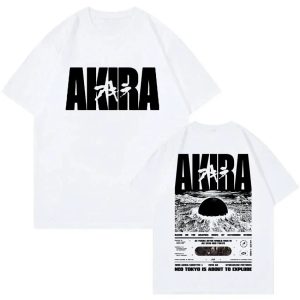 Camiseta branca de Akira com o logotipo em letras pretas na frente e a cena da cúpula de Neo Tokyo nas costas