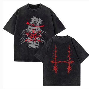 Camiseta preta lavada com arte do Choso em cinza e vermelho, com vincos de sangue nas costas, de Jujutsu Kaisen