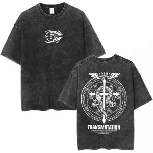 Camiseta preta estonada de Fullmetal Alchemist com símbolo na frente e círculo de transmutação nas costas