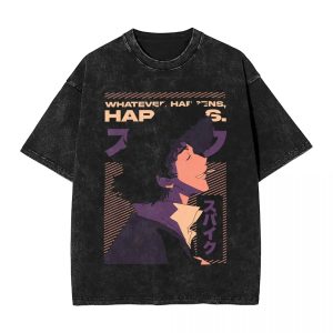 Camiseta preta lavada de Cowboy Bebop com a arte do Spike Spiegel e a frase Whatever happens, happens