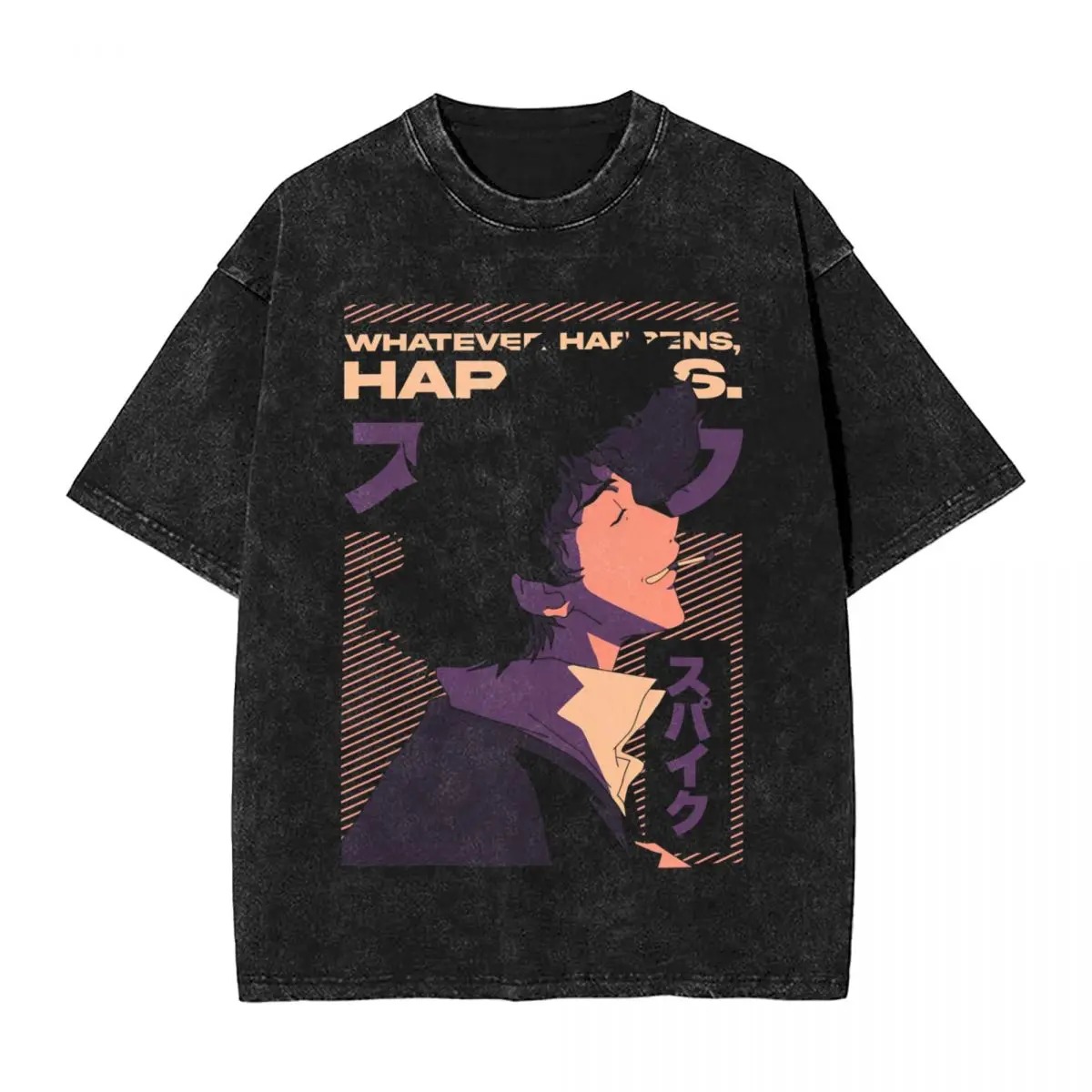 Camiseta preta lavada de Cowboy Bebop com a arte do Spike Spiegel e a frase Whatever happens, happens