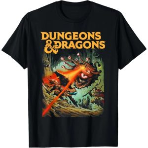 Camiseta preta com o logo de Dungeons & Dragons e a cena de aventureiros contra um Beholder