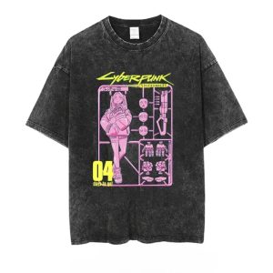 Camiseta preta lavada com a estampa rosa neon da Rebecca em kit de montar, de Cyberpunk: Edgerunners