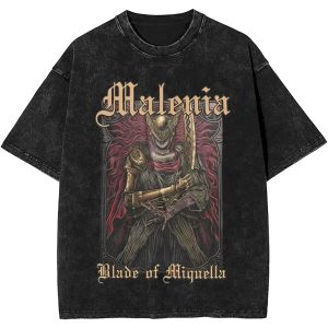 Camiseta preta lavada com a arte da Malenia, Blade of Miquella, de Elden Ring