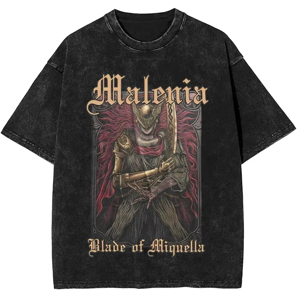 Camiseta preta lavada com a arte da Malenia, Blade of Miquella, de Elden Ring