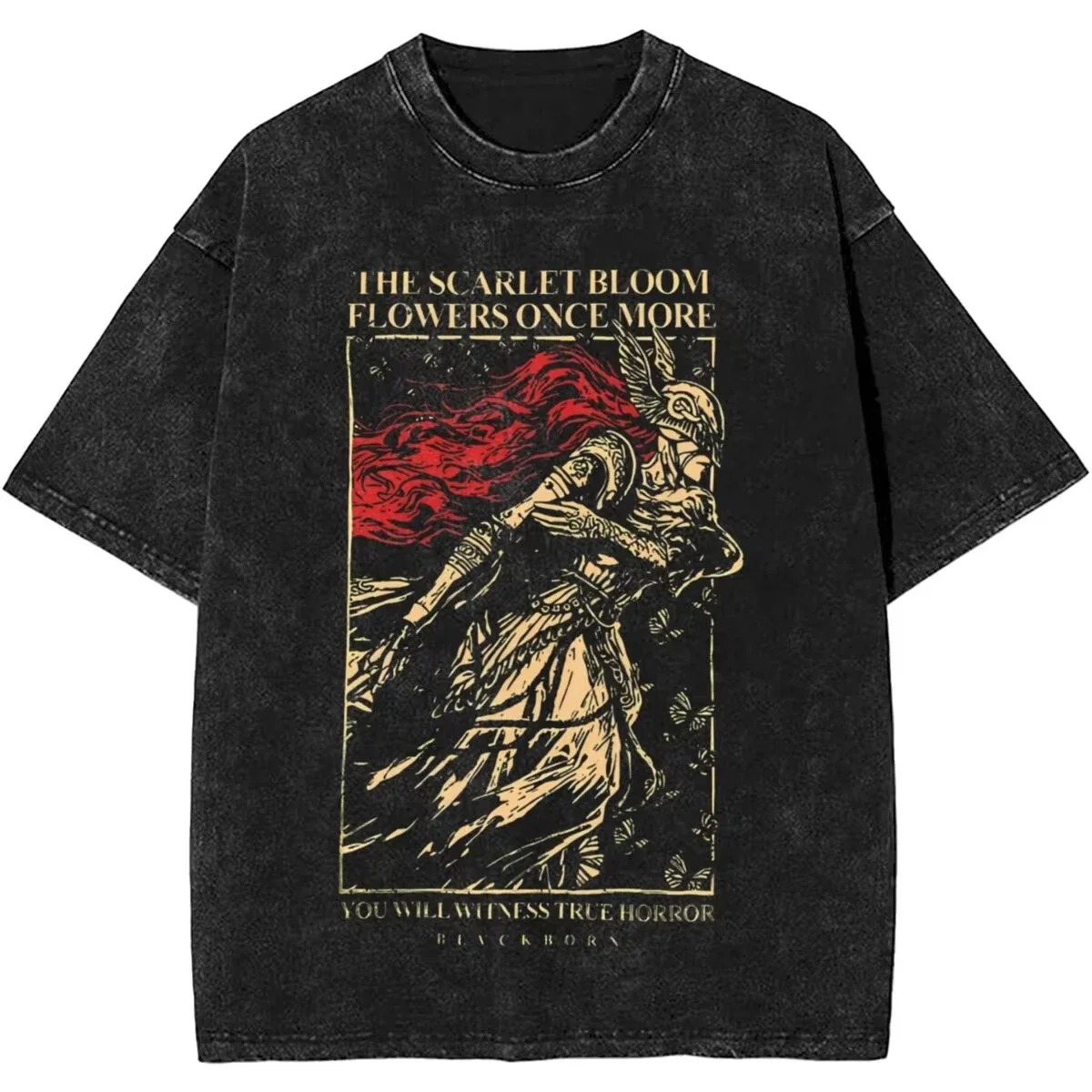 Camiseta preta lavada com a arte da flor escarlate e a frase The scarlet bloom flowers once more, de Elden Ring