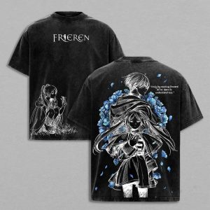 Camiseta preta lavada com logotipo Frieren no peito e arte da Frieren com flores azuis nas costas