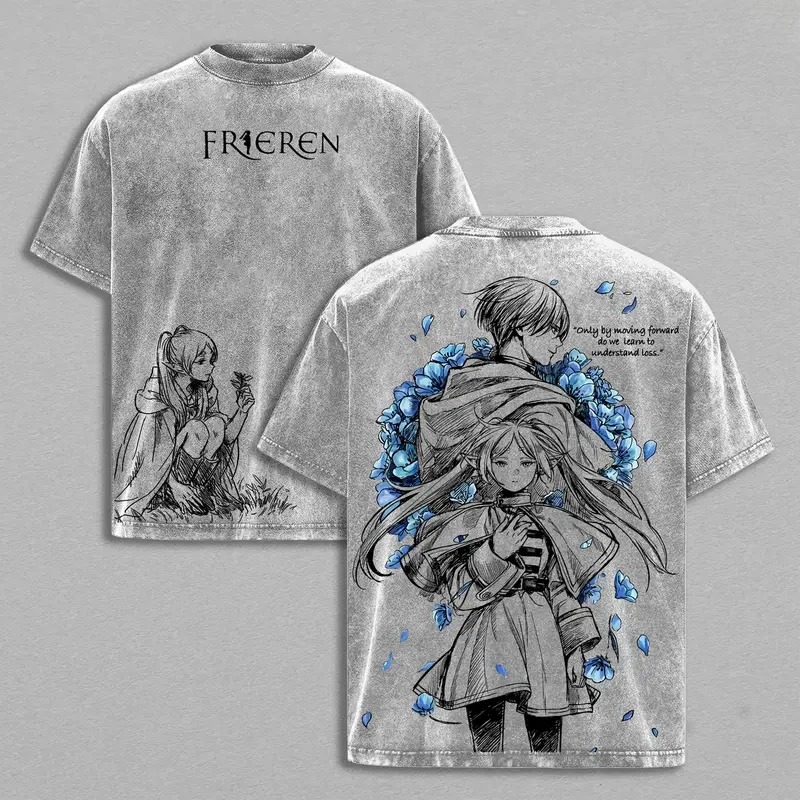 Camiseta cinza lavada com logotipo Frieren no peito e arte da Frieren e do Himmel nas costas