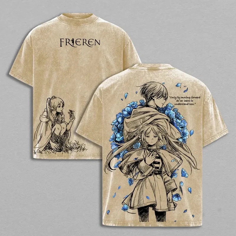 Camiseta caqui lavada com logotipo Frieren no peito e arte da Frieren com flores azuis nas costas
