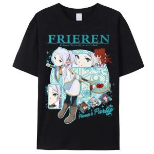Camiseta preta com estampa da Frieren, Fern e Stark no estilo Frieren's Party, de Frieren e a Jornada para o Além