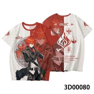 Camiseta branca e vermelha com estampa 3D do Diluc, de Genshin Impact, vista da frente e das costas