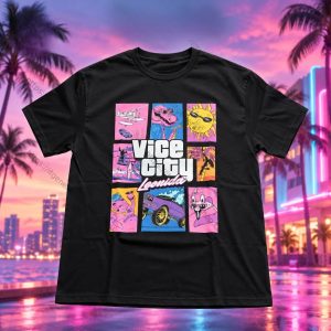 Camiseta preta com a estampa de quadros coloridos Vice City, no estilo de Grand Theft Auto