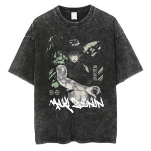 Camiseta lavada cinza-escuro com arte verde da Maki Zenin, de Jujutsu Kaisen