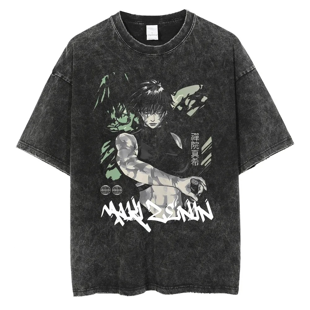 Camiseta lavada cinza-escuro com arte verde da Maki Zenin, de Jujutsu Kaisen