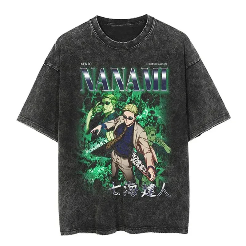 Camiseta lavada cinza-escuro com Nanami em arte verde, de Jujutsu Kaisen