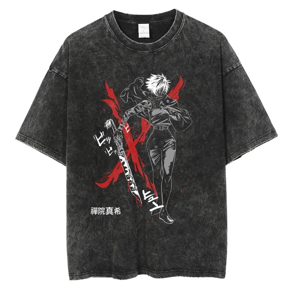 Camiseta lavada cinza-escuro com arte em vermelho e preto com personagem de cabelo branco, de Jujutsu Kaisen